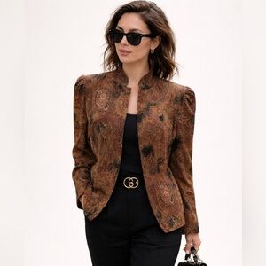 Womens Dana Buchman Brown burgundy Green Floral Brocade Print Blazer Jacket 16